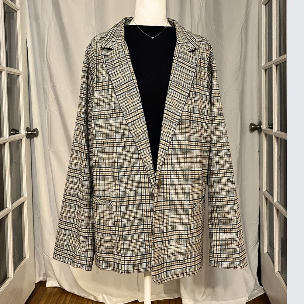 J. Jill Plaid One Button Blazer XXL Relaxed Fit Tan Brown - Free Shipping